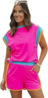[TOYVTOO] Contrasting T-shirt and shorts set in rose red, Rose Red, Small-Medium