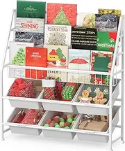 Kids Bookshelf, Metal Bookshelf Freestanding, 3 Tier Bookcase, Book Rack with 6 Toy Storage Organizer, Storage Nursery Book Shelf for Children, Toy Organizer for Kids Room, Study Room