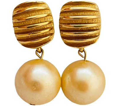 Vintage GIVENCHY gold pearl dangle designer runway clip on earrings