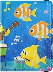 [Amooorous] Funny Ocean Music Concert Fish Blue Leather decorative cute passport holder Vaccine Case Protector Cover Passport Case Travel Documents Wallet Ultra Slim, Funny ocean music concert fish blue, 1 size