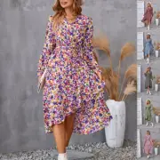 Flowers Print Long Sleeve Dress Fashion Ruffled Commuter Temperament Dresses Wom