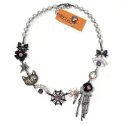 Betsey Johnson Skeleton Hand Spiderweb Crystal Faux Pearl Halloween Necklace NEW