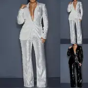 Womens Suits Set Sequin 2 Piece Pants Set Notch Lapel Slim Fit Formal Suits New