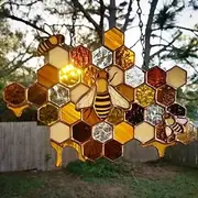 Bee Honeycomb Stained Honeybee Window Hangings Ornament Suncatcher, Beehive Stained Panel Handcrafted Modern Sunflower Stained Window Hangings Colorful Bee Pen