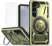 Compatible with Samsung Galaxy S23 5G Phone Case and Tempered Glass Screen Protector Metal Ring Holder Stand Kickstand Shockproof S 23 23S GS23 G5 SM-S911U 6.1 inch Cover for Women Men Oilver Green