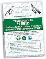 HIGHH IMAGE WATERPROOF PAPER | 50 SHEETS, THICKNESS 10 MIL LB, 225 LB, 275 MICRONS SYNTHETIC PAPER, 8.5X11 | PRINT WITH LASER PRINTERS | OFFICE PRINTERS from