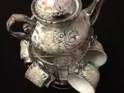 20 Pc Tea Coffee_Set Tea Pot 6 Cups & Saucers w/ Rack_ Silver _Multi 3 oz Cups