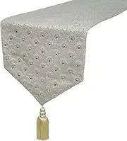 Silver Decorative 8 - 10 Seater Table Runner 40x300 cm | Contemporary Jacquard Geometric Table Linen | Victorian Pattern, Tassels, Crystals Table Runner for Party, Dining Table Décor - Silver Crest