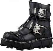 [Lorie & Knight] Mens Black Genuine Leather Military Army Boots Gothic Skull Punk Motorcycle Boots