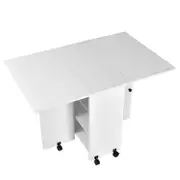Advwin Folding Dining Table Wooden Kitchen Table w/ Shelves Wheels White