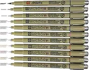Sakura (01 Colours + Black) - Pigma Micron pens 12 Fineliner Archival Ink Black & Colours, 8 Assorted Colours with 4 Black (01, 05, 08, Brush Pen)