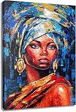 BATRENDY ARTS African American Wall Art Black Woman Canvas Painting Hand-painted Modern Girl with Blue Scarf Artwork Picture for Living Room Bedroom