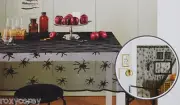 Halloween Black Spider Web Lace 60x84 Oblong Tablecloth & Door Decor NWT