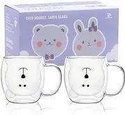 Cute Bear Mugs Set of 2 Cute Cups Bear Tea Coffee Cup with Handle 8.5oz Milk Cup Double Wall Insulated Glass Espresso Cups Glass Birthday Valentine's Day and Office Gifts (2 Pack, White Bear)