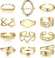 [Kakonia] 12Pcs Women’s Adjustable Stackable Rings Set Bohemian Knuckle Rings for Teen Girls Open Chunky Rings Trendy Twisted Midi Finger Thick Rings