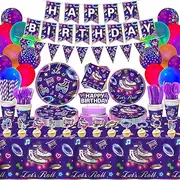 158 Pack Roller Skating Party Supplies Roll Theme Birthday Decoration Roller Skate Birthday Party Tableware Set Let's Roll Birthday Party Packs Serves 20