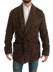 Dolce&Gabbana Men Brown Jacket Wool Blend Checkered Belted Pockets Casual Coat