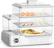 Electric Food Steamer with 1.5L Independent Water Tank, 800W Three Tier Steamer, 24L Multifunctional Breakfast Maker, Touch Screen Display, Household Food Steamer with Filter for Vegetables White