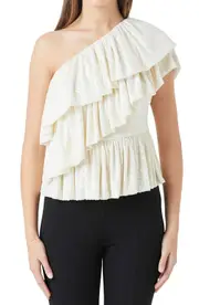 Endless Rose Sequin Ruffle One-Shoulder Peplum Top in Opal at Nordstrom, Size Medium