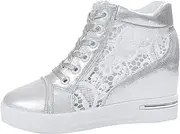 [Generic] Casual Womens Shoes for Winter Lace Wedge Leather Increasing Shoes Women Platform Rubber Women's Casual Shoes Mens Extra Wide Casual Shoes Silver