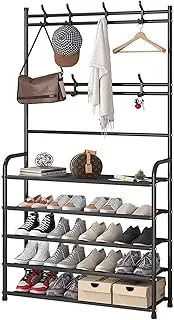 Uandhome Coat Shoe Rack, Hall Tree with Shoe Rack, 5-Tier Entryway Shoe Shelf Storage Organizer Coat Rack with 8 Hooks for Bedroom, Hallway, Office,
