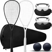 Seenelling Beginner Squash Racquet Set Includes 2 Squash Racquets with Racket Bags, 2 Anti Fog Goggles with Cases, and 2 Blue Dot Ball for Beginners, Training, and Recreational Play
