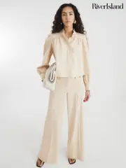 River Island Brown Button Front Straight Leg Trousers (W26535) | $106