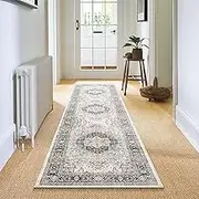 Carvapet Runner Rug 60 x 240 cm Non-Slip Long Carpet Runner Washable Microfibre Vintage Medallion Grey Rug Area Rug Running Rug