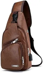 [KUAOOAUK] Men's Leather Sling Bag Chest Bag Shoulder Backpack Crossbody Purse Waterproof with USB Charge Port