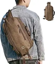 [Generic] PU Faux Leather Retro Sling Bag Multi Functional Chest Crossbody Shoulder Bag Storage Bag for Men Busin College Travel (Khaki - Small Size) Multicolor1103 One Size