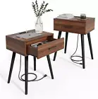 Set of 2 Mid Century Nightstand with Charging Station, End Table Modern Side Tab