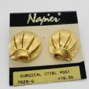 Vintage Napier SHELL Brushed Gold Pierced Earrings 1 in