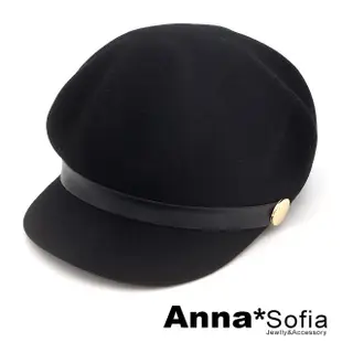 【AnnaSofia】純羊毛硬式貝蕾帽鴨舌報童帽-雙側金釦皮革帶(黑系)