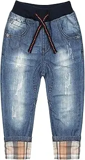 [Kidscool Space] Kids Ribbed Elastic Waist with String Ripped Turn Up Leggs Design Slim Jeans