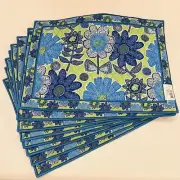 New Vera Bradley Placemats Set of 8 Reversible Quilted Blue Green Doodle Daisy