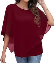 [QIXING] Women's Chiffon Blouse Tops Summer Crew Neck Casual Batwing Sleeves Handkerchief Hem Lined Flowy Blouses Shirts