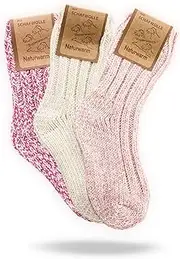 [FEINSCHÖN] 3 Pairs of Very Warm Norwegian Socks for Baby and Children, Thick Wool Socks with Plush Sole, Winter Socks in Various Designs, White - pink mix, 19-22