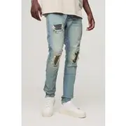 Mens Biker Rip & Repair Stonewash Zip Hem Skinny Jeans