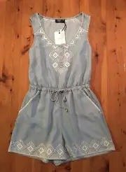 Jeanswest Size 8 Pale Blue Embroidered Short Romper Playsuit