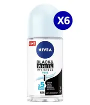 6X50ML Nivea Deodorant Black & White Invisible Pure Antiperspirant Roll-on