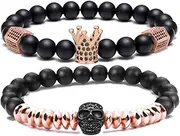 [SEVENSTONE] 8mm Crown King Charm Bracelet for Men Women Black Matte Onyx Stone Beads
