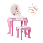 Kids Vanity Table And Chair Set With Mirror And Stool Pink