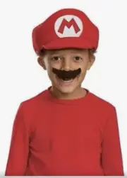 Mario Bros Costume Hat Mustaches Gloves Button Suspender Halloween Kids - New