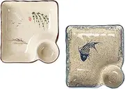 FYUEROPA Ceramic Dumpling Plate with Dipping Saucer, Sushi Dish, Serving Plate Chips and Snack Plate, 7.5 Inch - Set of 2 (Fish)