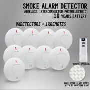9 Pack Smoke Alarm Wireless Interconnected Photoelectric Detector 10 Year+Remote