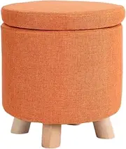 Round Large Storage Ottoman Toy Chair Seat Foot Stool Footstool Footrest Pouffe Upholstered with Linen Fabric Cover(Orange,35 * 33cm)