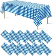 12 Pack Blue and White Plastic Checkered Tablecloth, Premium Decorative Disposable Blue Gingham Plaid Table Cloths for Parties, Rectangle Party Table Cover for Picnic Farm Birthday Wedding, 54x108Inch