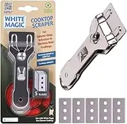 White Magic Cooktop Scraper, Ideal for Ceramic Glass, Induction & Stainless Steel cooktops, Retractable Razor for Safe Storage, 5 Replacement Blades, Steel