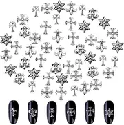 BEZANU Cross Nail Decoration, 50 PCS Chrome Nail Charms for Nail Art, DIY Manicure, Phone Cases, Craft Project (Silver, Assorted Styles)