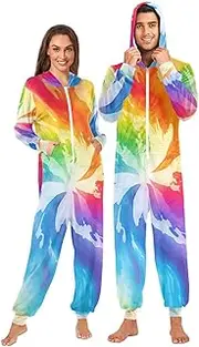 [AIXIWAWA] Adult Onesie Pajamas, Rainbow Tie Dye Print Zip Front One Piece Pajama Jumpsuits for Men Women S